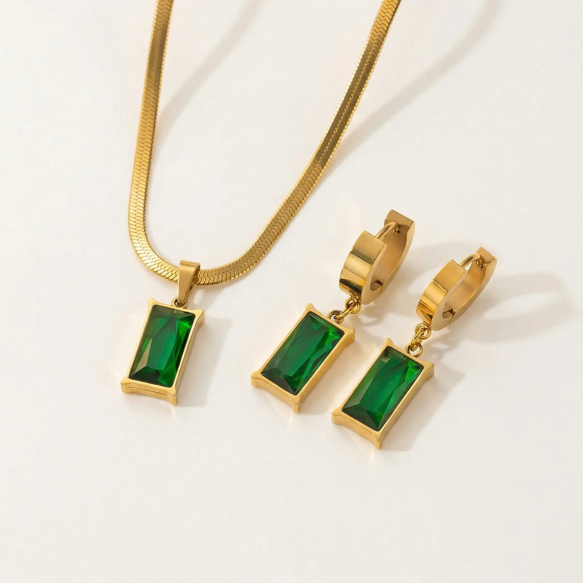 Gold · Emerald Green Stone · Necklace & Earrings - 18ct Gold Plated
