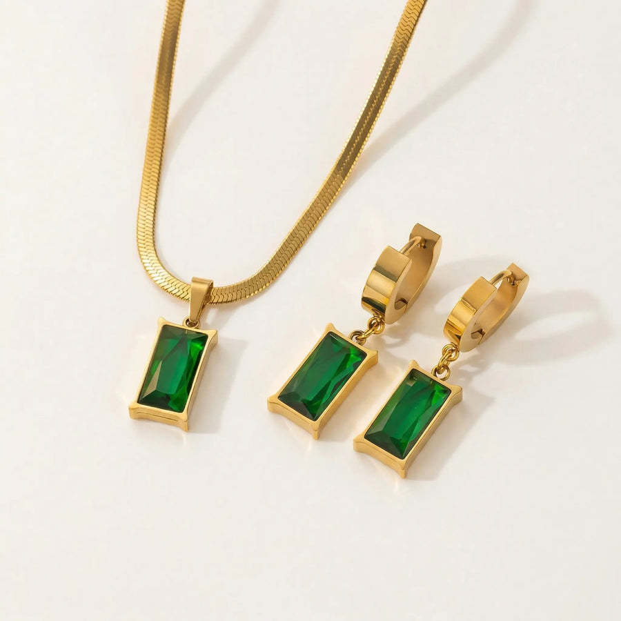 Gold · Emerald Green Stone · Necklace & Earrings - 18ct Gold Plated