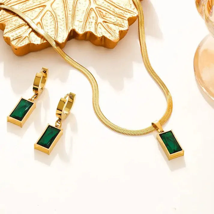 Gold · Emerald Green Stone · Necklace & Earrings - 18ct Gold Plated