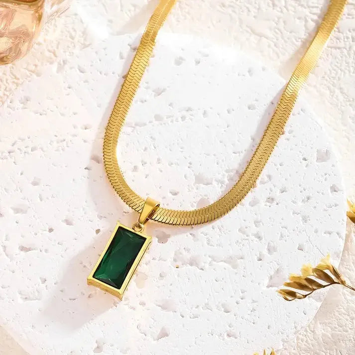 Gold · Emerald Green Stone · Necklace & Earrings - 18ct Gold Plated