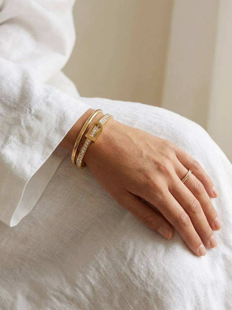 Amore Buckle Crystal Bangle - 18ct Gold Plated