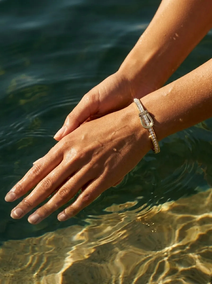 Amore Buckle Crystal Bangle - 18ct Gold Plated