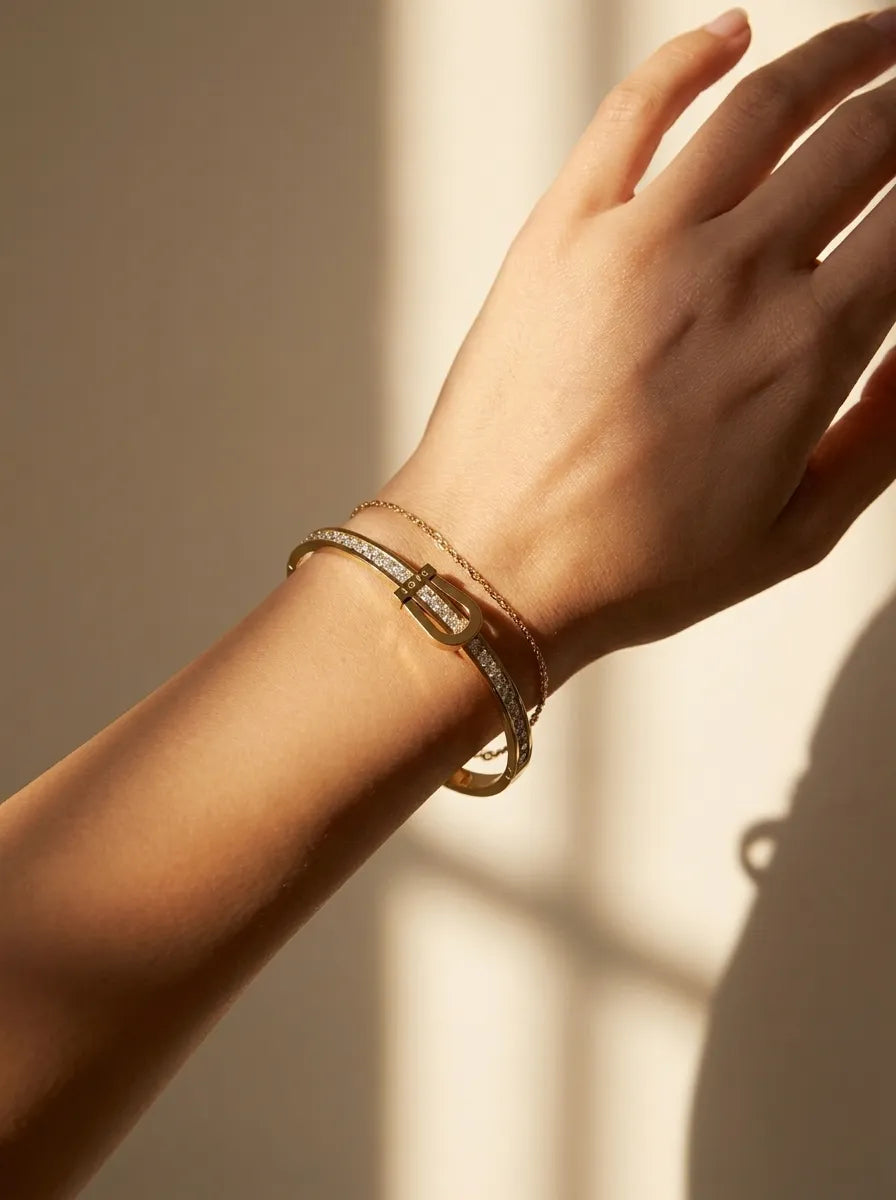Amore Buckle Crystal Bangle - 18ct Gold Plated
