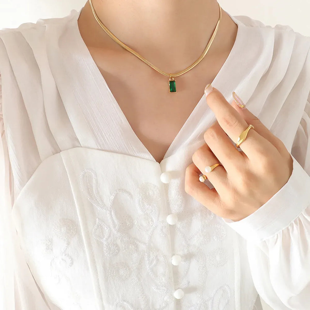 Gold · Emerald Green Stone · Necklace & Earrings - 18ct Gold Plated