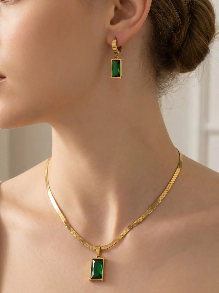 Gold · Emerald Green Stone · Necklace & Earrings - 18ct Gold Plated